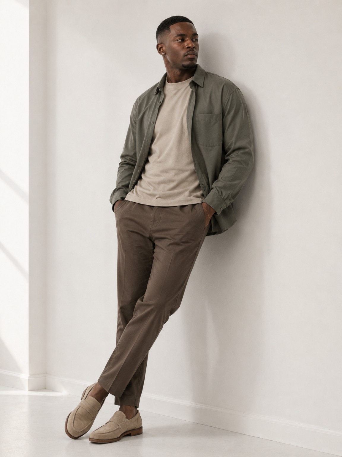 Male model styled in a neutral Luxe Plain T-Shirt look