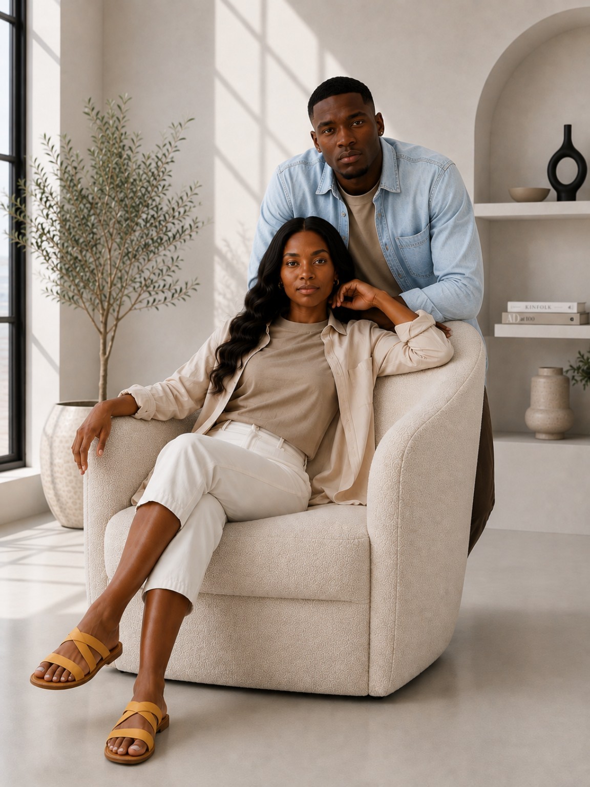 Male and female models styled in neutral Luxe Plain T-Shirt looks